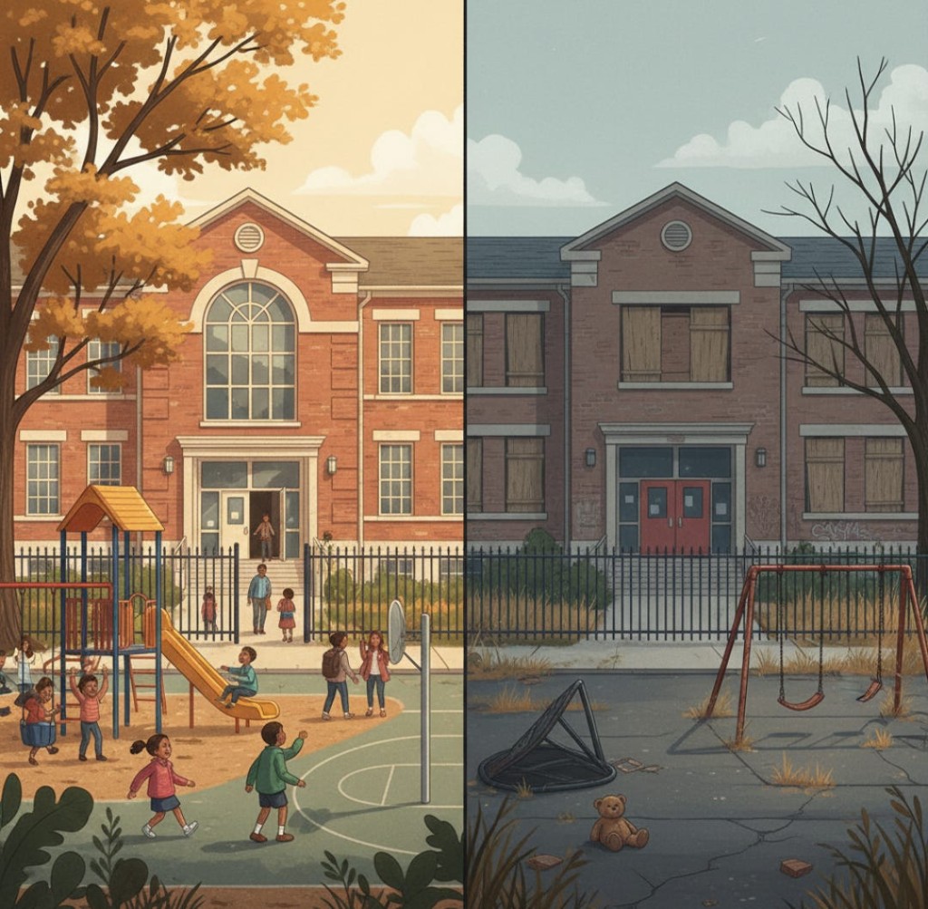 Split illustration of an active school on one side and a boarded school on the other.