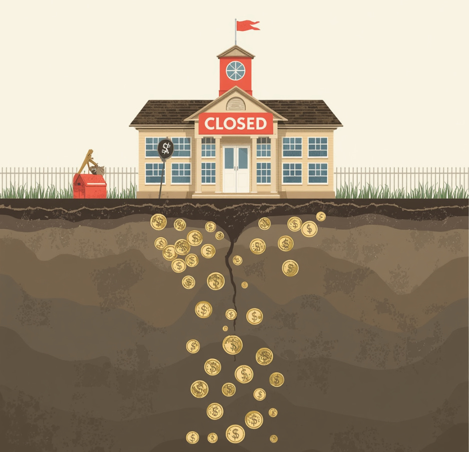 Editorial illustration of a school building with a red CLOSED banner; a cross-section below shows money falling into a fissure in the ground.