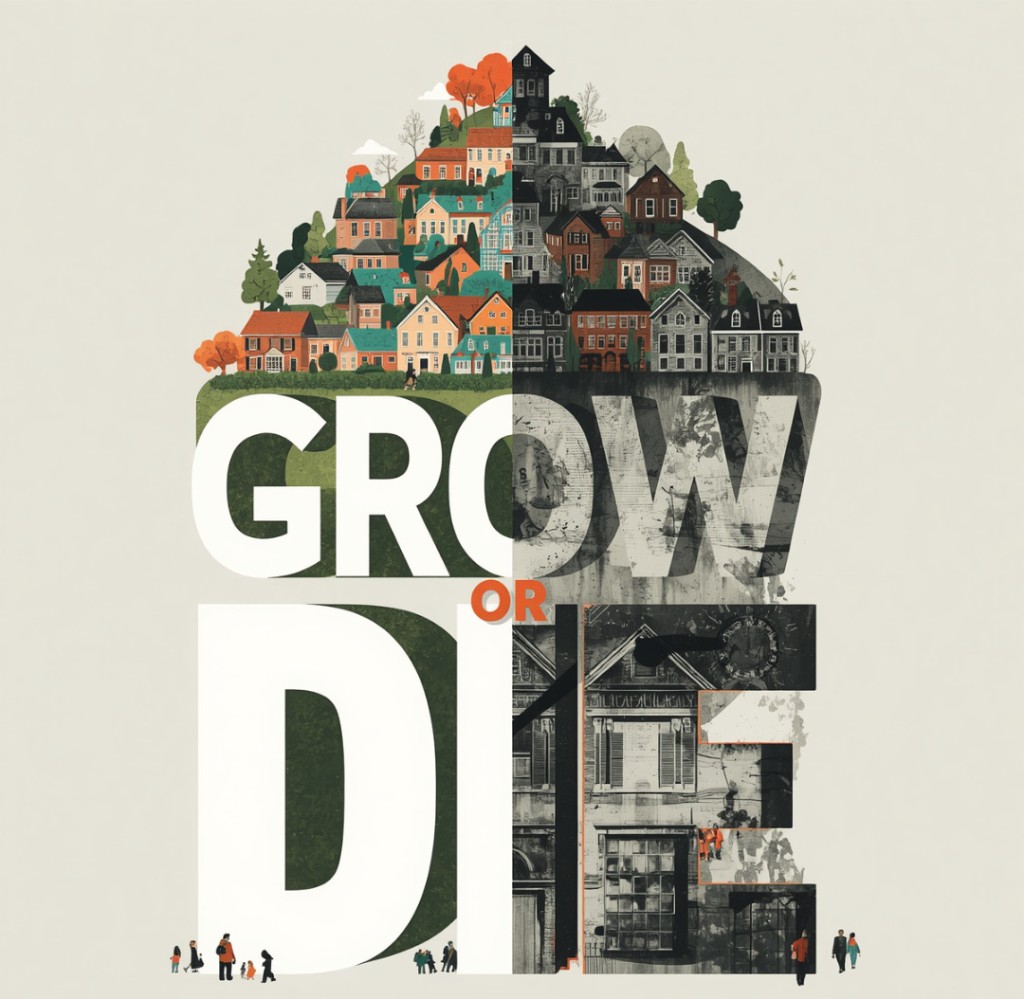 Illustration reading GROW OR DIE with a divided neighborhood skyline above.