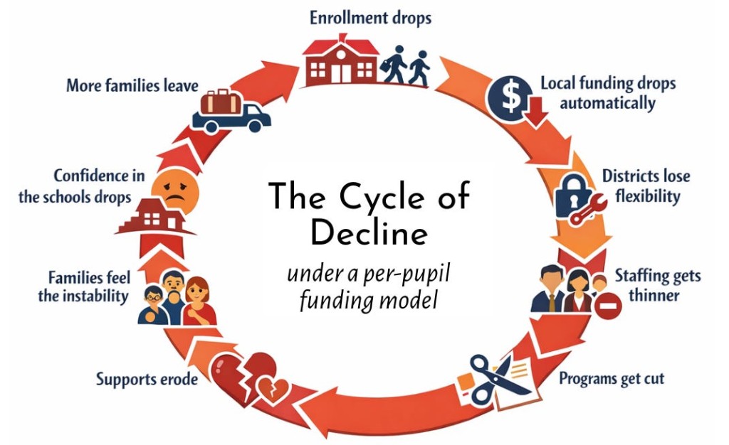 Circular diagram titled The Cycle of Decline under a per-pupil funding model.