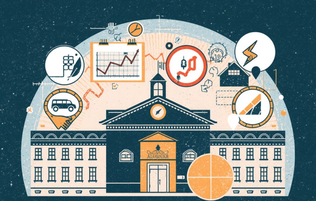 Illustration of a school building surrounded by planning and analysis icons.
